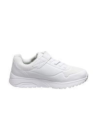 Scarpa atletica bianca con superficie liscia, dettagli in rete, chiusura con lacci e una cinturino con chiusura a velcro. Presenta una suola in gomma testurizzata.