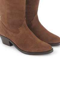 Botas de ante marrón de tobillo con punta afilada, tacón y costuras decorativas a lo largo del eje, que presentan una suela sólida de color oscuro.