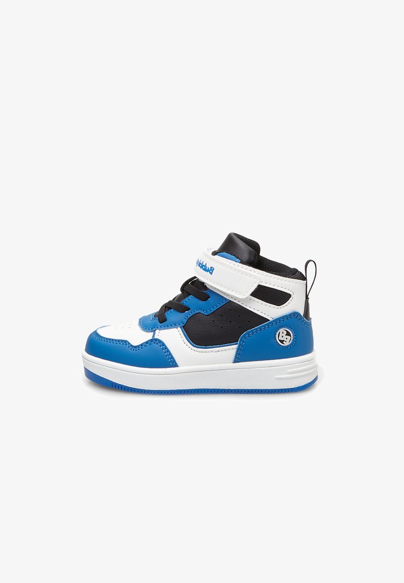 High-top sneakers in blue, white, and black synthetic leather. Features include a padded collar, lace-up front, and Velcro strap. Thick white sole.
