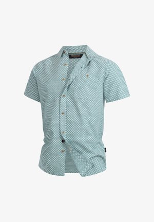 Kortermet, knappe-skjorte i lyseblå med rutemønster. Laget av lett stoff, med krage og brystlomme.