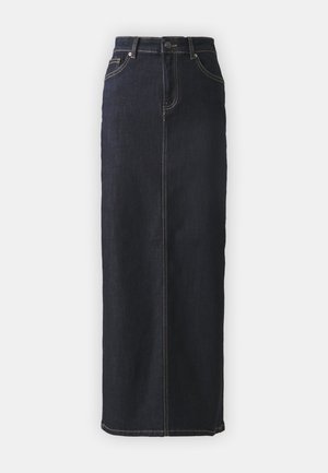 Mörk denimmaxikjol med rak design, med sömnadsdetaljer, midjeband och mitt fram-söm. Inga slitsar eller utsmyckningar.