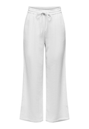 White wide-leg trousers made of textured fabric, featuring an elastic waistband with a drawstring for adjustable fit.