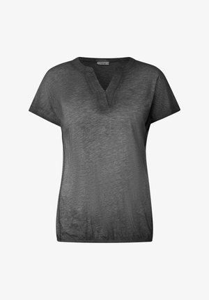 Mørkegrå T-shirt med korte ærmer lavet af let materiale. Har v-hals og en afslappet pasform, med en let tekstureret overflade.