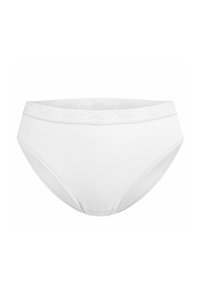White cotton brief, high-waisted design, featuring a textured elastic waistband with a subtle pattern. Smooth texture and seamless edges.
