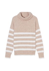 Suéter de color beige claro con un cuello alto acanalado y rayas horizontales blancas. Textura suave, hombros caídos y mangas con puños.