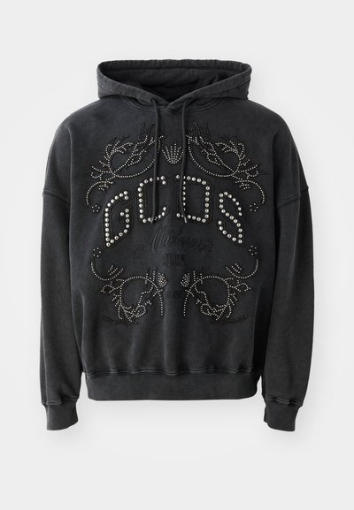 Hanorac negru cu glugă, decorat cu strasuri, având un design grafic, glugă cu șnur și manșete și tiv din material ribbed.