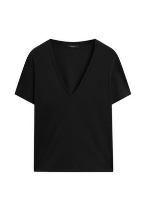 T-shirt nera a collo a V realizzata in morbido tessuto di cotone. Maniche corte e vestibilità rilassata con cuciture pulite. Design semplice e versatile.