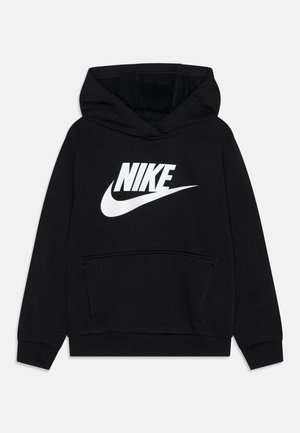 Sweatshirt preto feito de tecido macio, com um grande logótipo branco da Nike na parte da frente e um bolso canguru na cintura.