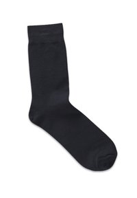 Black cotton sock with a smooth texture, ribbed top, and reinforced toe. Designed with a classic crew cut for comfort and durability.