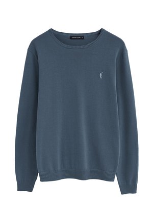 Blauer Pullover mit Rundhalsausschnitt, langen Ärmeln, gerippten Bündchen und Saum sowie einem kleinen weißen Polo-Spieler-Logo auf der linken Brust.