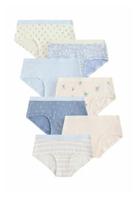 Confezione di otto mutande di cotone in diverse tonalità pastello, con fantasie floreali e righe, dotate di elastico in vita per il massimo comfort.