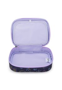 Astuccio rettangolare con interno viola pastello, esterno blu navy con motivi astratti colorati e apertura con zip.