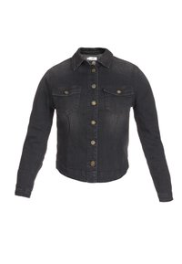 Mörkgrå denimjacka med krage, knappstängning framtill och två bröstfickor. Har långa ärmar och en figursydd design.