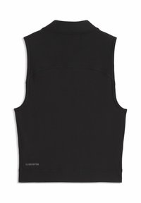 Αμάνικη μαύρη γιλέκο με ψηλό γιακά, εμφανείς ραφές και μικρό λογότυπο «Cloudspun» στο κάτω αριστερό μέρος της πλάτης.