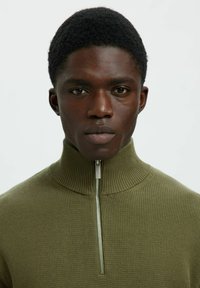 Jaunas vyras su trumpais garbanotais plaukais, vilkintis alyvuogių žalios spalvos susipynusį megztinį su pusiau užtrauktuku, žiūri tiesiai priešais, prieš paprastą foną.