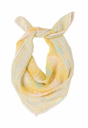 Yellow and pastel green patterned fabric bandana folded and knotted, showing floral and geometric designs.