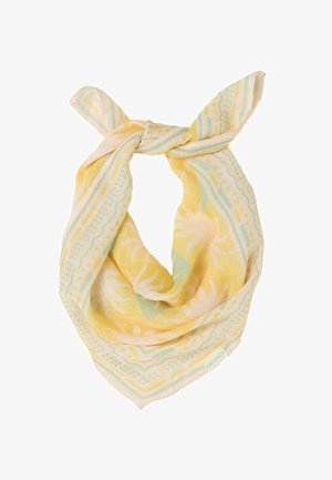 Yellow and pastel green patterned fabric bandana folded and knotted, showing floral and geometric designs.