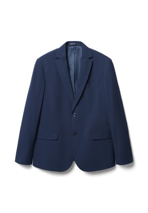 Blazer bleu marine en tissu lisse, avec un col cranté, deux poches avant et deux boutons à l'avant.