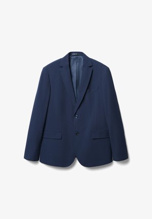 Blazer blu navy realizzato in tessuto liscio, con revers a punta, due tasche frontali e due bottoni sulla parte anteriore.
