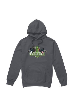 Dark gray hoodie with front pocket featuring a cartoon green pickle holding weapons above "PICKLE RICK" text in bold green and white letters.