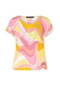 Koszulka z krótkim rękawem z lekkiej tkaniny, z wielokolorowym abstrakcyjnym wzorem w odcieniach różu, żółci i bieli, ozdobiona dekoracyjnymi detalami.