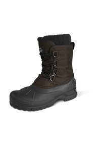 Brauner wasserdichter Winterstiefel mit einer Gummisohle, gepolstertem Stoffschaft und Schnürverschluss vorne. Mit grauen Ziernähten und einem fellähnlichen Innenfutter.