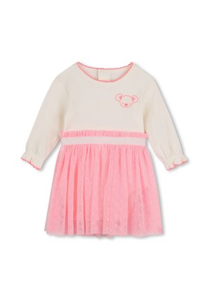 Vestido de bebé de manga larga en color crema con ribete rosa, un rostro de koala rosa en el pecho y una falda de tul rosa plisada con una cintura brillante.