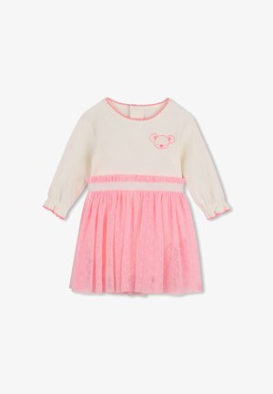 Vestido de bebé de manga larga en color crema con ribete rosa, un rostro de koala rosa en el pecho y una falda de tul rosa plisada con una cintura brillante.