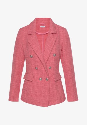 Blazer en tweed rose croisé avec boutons argentés, col à revers en encoche, manches longues et poches à rabat à la taille.