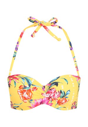 Top de bikini en amarillo con patrones florales en rosa, rojo y azul. Presenta un diseño retorcido, tirantes ajustables y un lazo en la espalda.