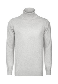 Hellgrauer Rollkragenpullover aus weichem Strickmaterial. Mit langen Ärmeln und gerippten Bündchen sowie Kragen, mit einer glatten Textur.