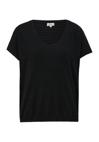 Blouse noire à manches courtes en V avec de subtiles rayures horizontales texturées et une coupe décontractée.