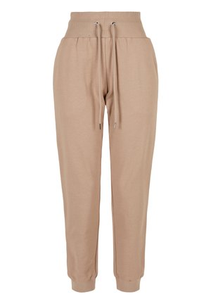 Pantaloni jogger beige realizzati in tessuto morbido, con vita regolabile tramite coulisse, polsini a costine e tasche laterali per un fit rilassato.