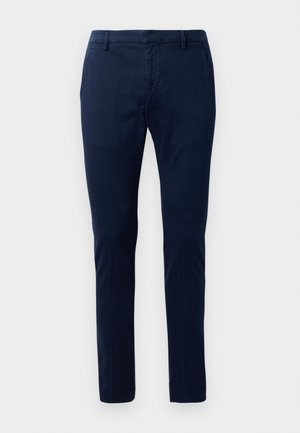 Navy blue chinos with a slim fit, made from a smooth cotton blend. Features side pockets and a standard waistband. No visible patterns or accents.