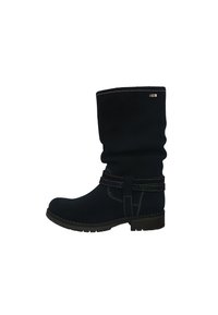 Bota alta de ante azul marino con un diseño holgado, costuras en contraste y una correa decorativa con un patrón multicolor. Suela de goma.