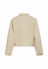 Veste en jean courte beige vue de dos avec manches longues, poignets boutonnés et col classique.