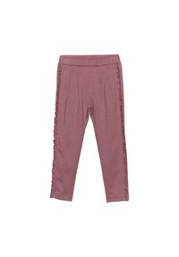 Lila leggings med en mjuk textur, prydda med volangdetaljer längs sidorna och en bekväm elastisk midjeband.