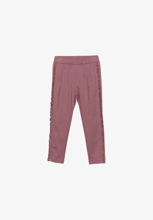 Lavendel leggings med en blød tekstur, der har frynsede detaljer langs siderne og en behagelig elastisk talje.