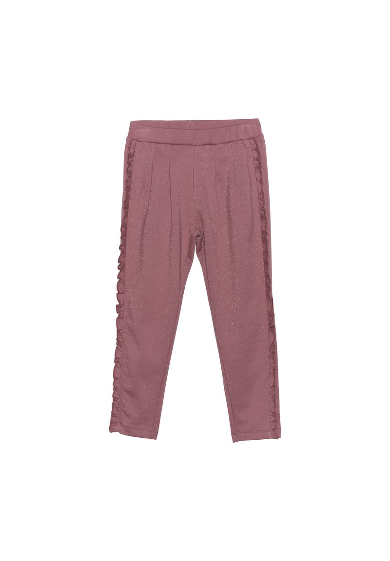 Lila leggings med en mjuk textur, prydda med volangdetaljer längs sidorna och en bekväm elastisk midjeband.