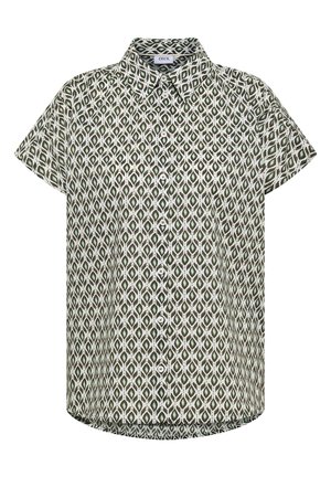 Chemise à manches courtes avec boutons, motif géométrique de losanges verts et blancs et col classique.
