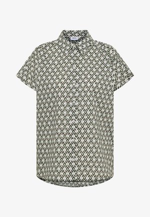 Chemise à manches courtes avec boutons, motif géométrique de losanges verts et blancs et col classique.