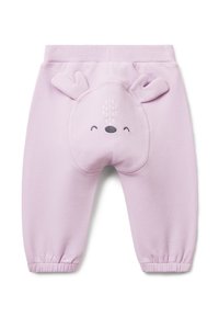 Lichtpaarse babybroekjes met elastische cuffs en tailleband, voorzien van een gewatteerd rendiergezicht met oren op de achterkant.