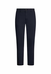Marineblaue Hose aus glattem Stoff, mit Druckknopfverschluss, geradem Schnitt und praktischen Taschen.