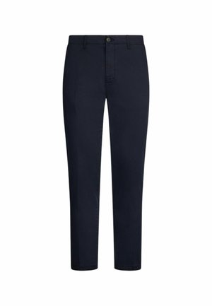 Marineblaue Hose aus glattem Stoff, mit Druckknopfverschluss, geradem Schnitt und praktischen Taschen.