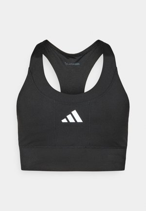 Sort sports-bh med racerback-design, lavet af fugttransporterende stof med et hvidt Adidas-logo på fronten. Glat tekstur.