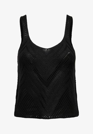 Black knitted tank top with wide straps, featuring a chevron pattern and open weave texture, designed for a relaxed fit.