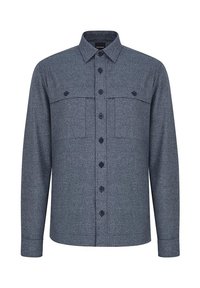 Koszula z długim rękawem w ciemnoniebieskim, teksturowanym materiale, z zapięciem na guziki z przodu, dwiema kieszeniami na piersi oraz klasycznym kołnierzykiem.
