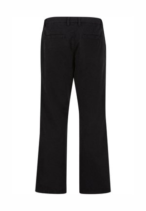 Pantaloni neri a gamba dritta mostrati da dietro con passanti per cintura e due tasche posteriori a filetto su sfondo bianco.