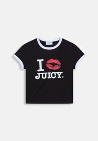 Svart bomulls-T-shirt med vit kant. Har texten "I Love JUICY" och ett rött läpptryck. Kort ärm, klassisk rund halsringning.