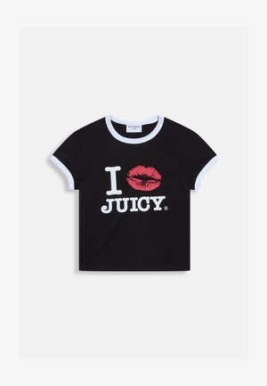 Svart kortärmad t-shirt med vit kant och grafisk tryck som visar "I ❤️ JUICY" och en röd lipskyssteckning i mitten.